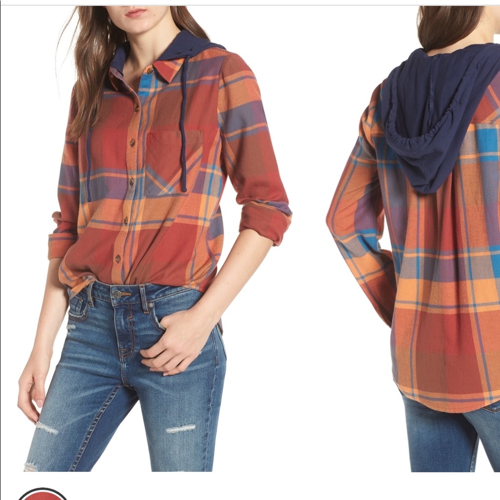 B.P plaid button up hooded top